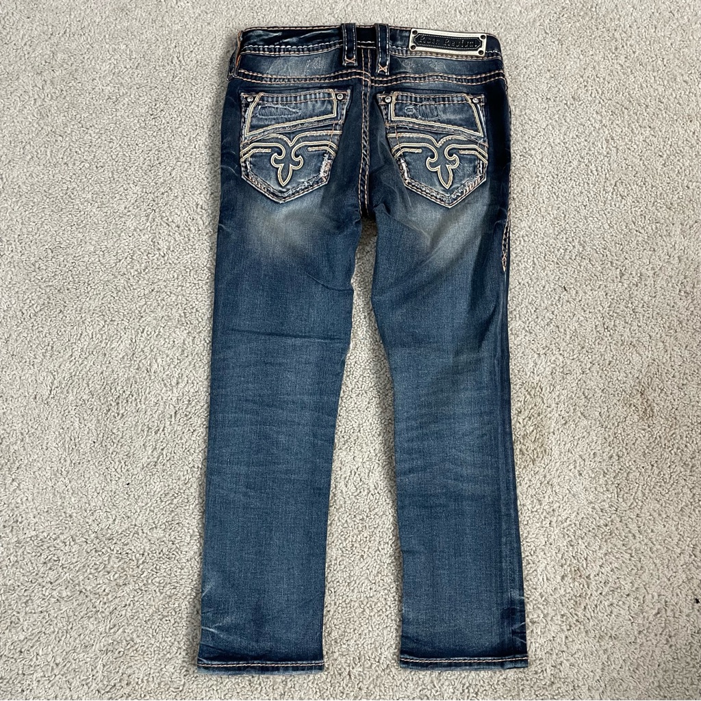 Women's Rock Revival Low Rise Caro Crop Stretch Distressed Blue Denim Jeans 26